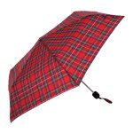 Red tartan umbrella with black handle, compact and stylish for rainy days.