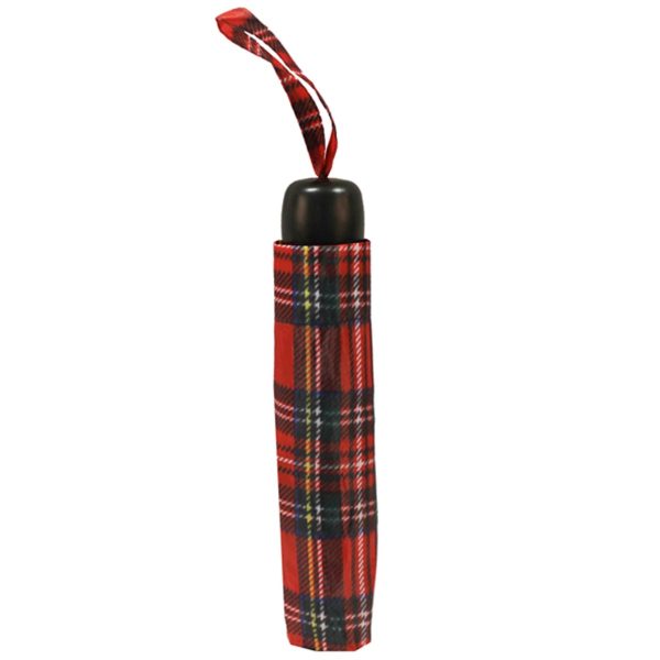 Red Blackwatch tartan umbrella cover with strap for easy carrying.