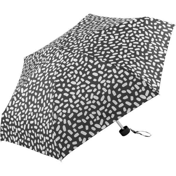 Compact black and white patterned umbrella for rain protection.
