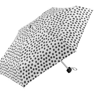 Black and white polka dot umbrella for rain protection.