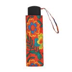 Compact umbrella with vibrant floral pattern and wrist strap.
