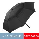 Black wind-resistant golf umbrella with automatic opening mechanism.