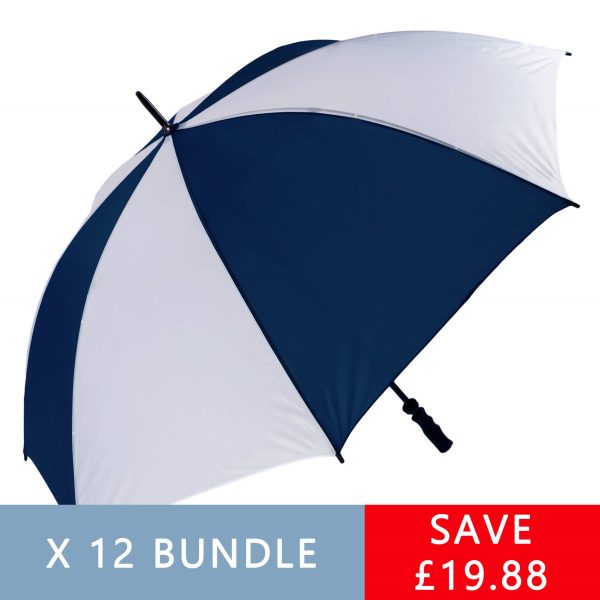 Navy and white wind-resistant golf umbrella for outdoor use.