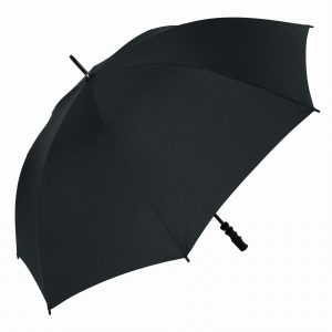 Black wind-resistant golf umbrella with fibrelight frame for durability.