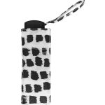 Compact black and white paint smear print umbrella with wrist strap.